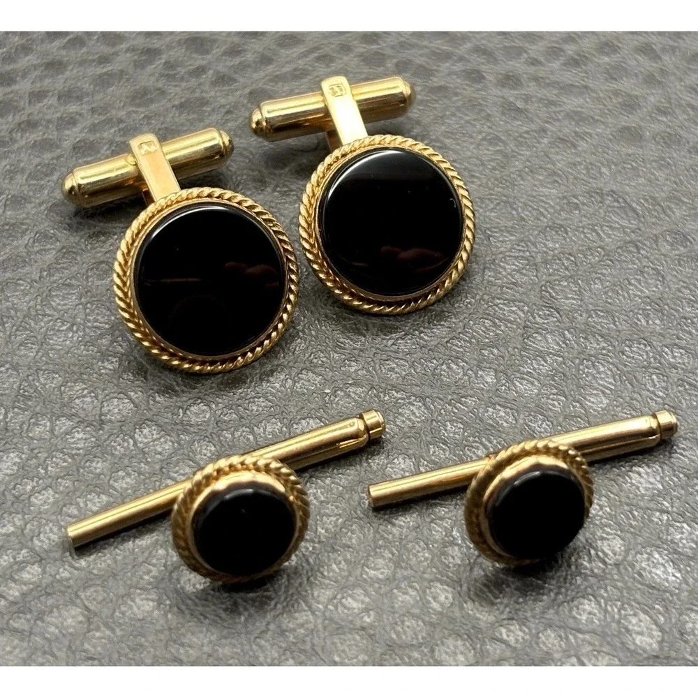 Vintage 14K Gold Filled Black Onyx Cufflinks Cuff Buttons Set 4pc
